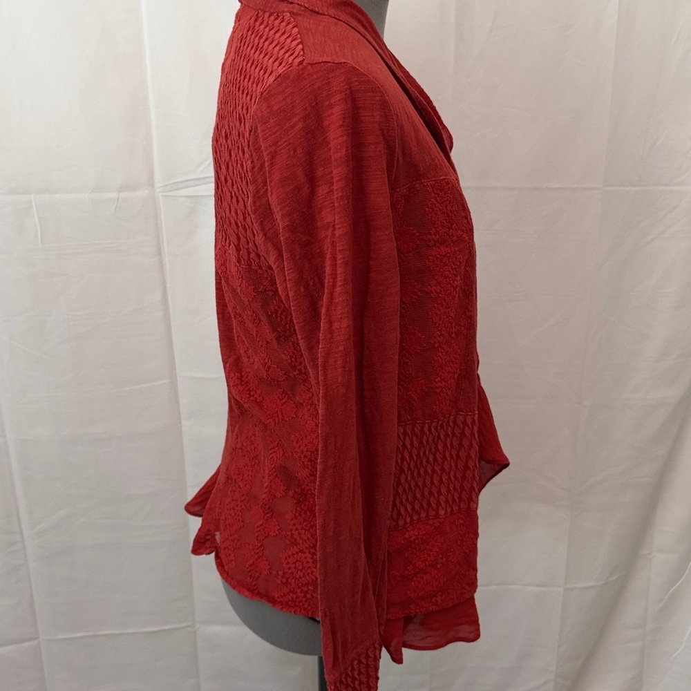 Meadow Rue Rust/Red Light Weight Open Front Patchwork Cardigan - Picture 4 of 10
